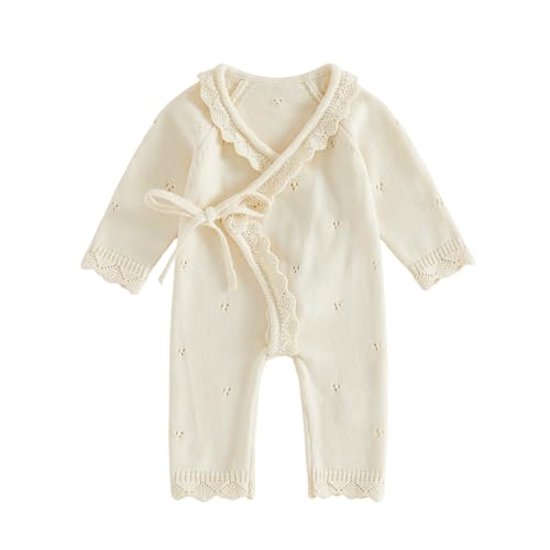 Image of XIXIMAON Newborn Knit Romper Long Sleeve Tie Up Sweater Baby Girl Clothes (Beige, 0-3 Months)