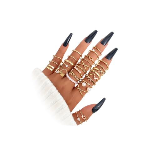 Gold Knuckle Rings Set for Women, 14k Gold Plated Open Stacking Knuckle Midi Rings Dainty Cubic Zirconia Crystal Simple Hollow Cute Ring Pack Jewelry Gifte (Gold 29PCS)