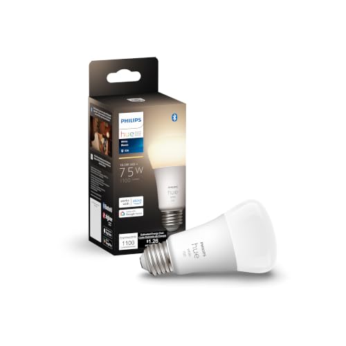Philips Hue Lâmpada inteligente branca A19 de lúmen médio, 1100 lúmens, compatível com Bluetooth e Zigbee (hub opcional), funciona com Alexa e Google Assistant, um dispositivo certificado para humanos, 1 lâmpada