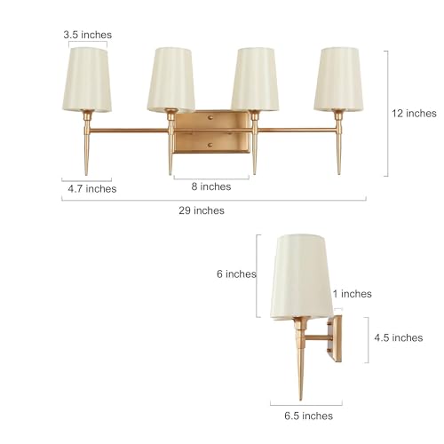 Image of KSANA Gold Bathroom Light Fixtures, 4 Light Modern Vanity Lights for Bathroom with White Fabric Shade, 29 Inch Bathroom Lighting Lights Fixtures Over Mirror