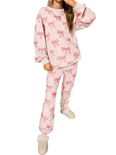 Tankaneo Womens 2 Piece Outfits Sweatsuit Bows Printed Casual Long Sleeve Oversized Sweatshirt and Jogger Lounge Sets