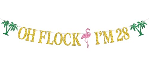 Image of Oh Flock I'm 28 Banner, Glitter Happy 28th Birthday Anniversary Party Decorations, Pineapple Calebration Decor, Hawaiian Luau Tropical Aloha 28 Theme Party Photo Props