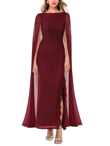 MAYFASEY Damen Sexy Elegant Langarm High Split Mesh Gerafft Formal Lang Abend Party Maxikleid mit Umhang, Weinrot, Mittel