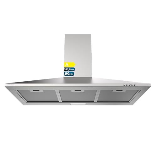 Cecotec Campana Extractora Piramidal 90 cm Bolero Flux PM 904000 Inox A. Succión 382,5 m³/h, 3 Velocidades, Filtros de Carbono Incluidos, Clase A, Motor BLDC y Luz LED