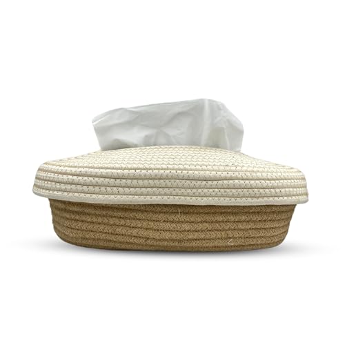 Image of BOBBINY Jute Cotton Tissue Box Holder, Handcrafted Tissue Container for 100 Pulls Natural Tissue Holder for Office Living Bedroom Car Desk Dining Table Home Decor (Off White & Brown, Design 5)
