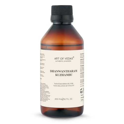 Dhanwantharam Kuzhambu 200 ml – Aceite de masaje y cuerpo ayurvédico tradicional | Receta de hierbas clásica según Ayurveda | Para Abhyanga, Self Care & Wellness Rituale I Art of Vedas