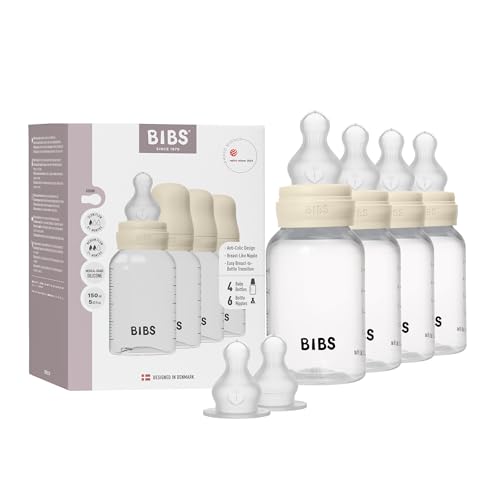 BIBS Baby Plastic Bottle 4-Pack 150ml. Anti-Colic. Round Silicone Teat. Supports Natural Breastfeeding, Complete Set - 150 ml (Pack of 4 + 2 Extra Teats), Ivory