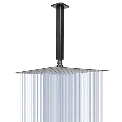 Rain Shower Head With Shower Arm, NearMoon Ceiling Mount Square Shower Head, Stainless Steel Ceiling Rainfall Showerhead- Waterfall Full Body Coverage (12 Inch Shower Head with Arm, Matte Black)