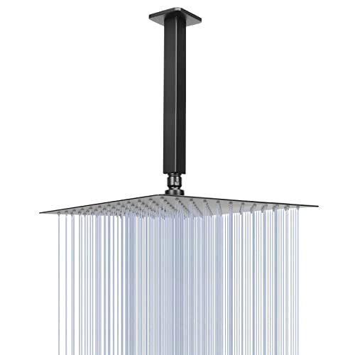NearMoon Rain Shower Head With Shower Arm, Ceiling Mount Square Shower, Stainless Steel Ceiling Rainfall Showerhead- Waterfall Full Body Coverage (12 Inch, Matte Black) by NearMoon - Used condition - US$26.83