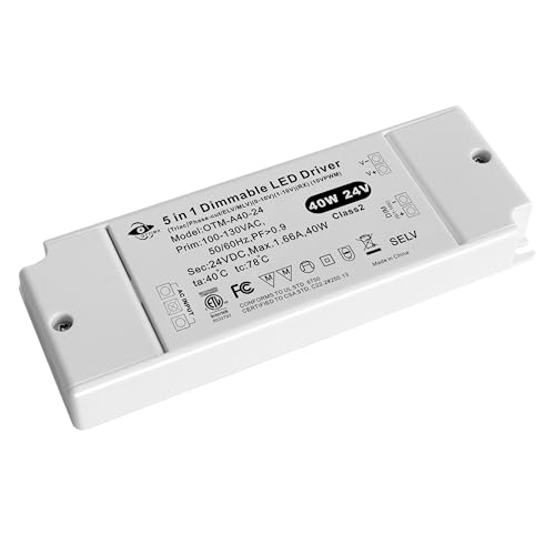 Image of Dimmable LED Driver 40W 24V, 5-in-1 Dimming Flicker-Free Power Supply with Lever-Actuated Push-in Terminals, Ultra-Slim Transformer for LED Strip Lights, Triac & 0-10V Compatible, ETL Listed