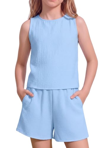 Image of Arshiner Girls Summer 2 Piece Outfit Sleeveless Top and Paperbag Waist Shorts with Pockets Kids Shorts Set Ages 5-13