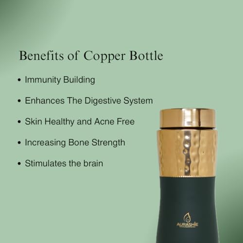 Image of Pure Copper Water Bottle 1 Litre | BPA Free & Leak Proof | Copper-Infused Water | Durable & Rust Proof | Ayurveda Health Benefits - Hammered Finish (Green Grip Sleeve)