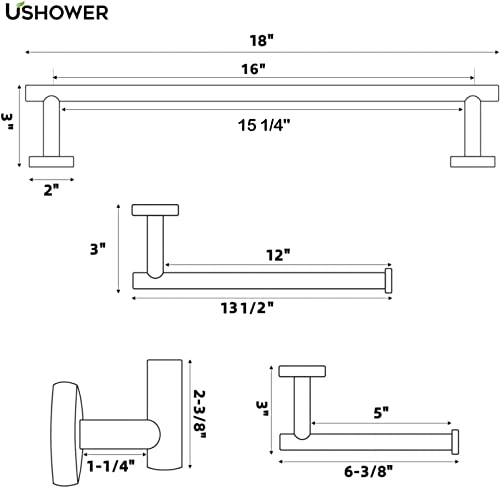 Ushower Matte Black Bathroom Hardware Set, Includes 18-Inch Bath Towel Bar, Durable Sus304 Stainless Steel, 5-Piece #TOP5