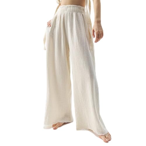 Pantalon large en gaze de coton froissé pour femme à taille haute