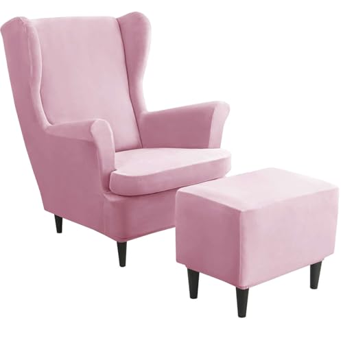 Fundas de terciopelo rosa para sillón orejero con otomana protector lavable de salón