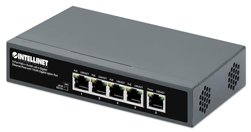 Intellinet 5-Port PoE++ Ethernet Switch with 4 Gigabit Ports & 1 RJ45 Gb Uplink Port-140W Power Budget, Output up to 90W Per Port, Unmanaged, Wall Mountable/Desktop, Fanless, 3 Yr Mfg Warranty–562010