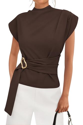 PRETTYGARDEN Women Blouses Spring Dressy Cap Sleeve Mock Neck Work Shirts Buckle Tunic Summer Business Casual Tops 2026(Brown Medium)