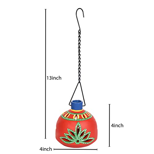 Image of AAKRITI ART CREATIONS Terracotta Handpainted Red Matki Hanging Tea Light | Floral Art Handmade Hanging Decor | Matte Finish Terracotta Decorative Hanging Items for Home | Handpainted Decor
