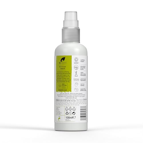 Dr Organic Tea Tree Spray per piedi, deodorante, purificante, ad asciugatura rapida, senza alluminio, con olio di menta piperita naturale, vegano, cruelty-free, senza parabeni e SLS, certificato - 2