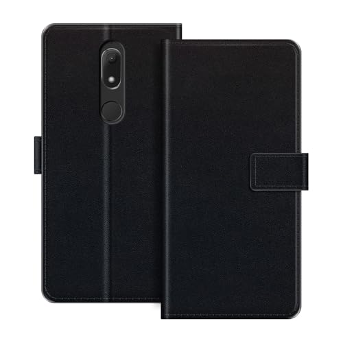 ESACMOT Leder-Wallet-Hülle Kompatibel mit Wiko View Prime Klapphülle mit Kartenfach & Ständer, Magnetverschluss, Stoßfeste Folio-Hülle im bunten Stil (Schwarz)