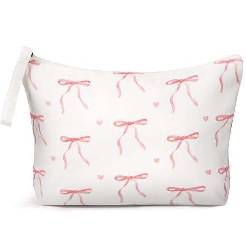 DDLP Pink Bow Makeup Bag for Women Preppy Pouch Travel Cosmetic Bag Coquette Makeup Bag Birthday Valentines Day Christmas Gifts for Bestie Mom Daughter Teen Girls (White)