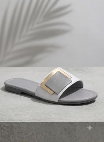 Image of Women's Slide Sandals with Square Gold Buckle, White & Grey