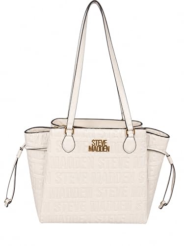 Image of Steve Madden BSable Logo Embossed Tote Bag with Zip Top, Ivory Pearl, One Size, Trendy, Contemporary, Boho, Bohemian, Feminine, Preppy, Romantic