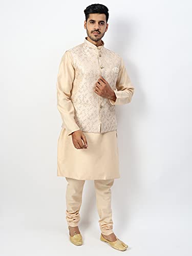 Image of Uri and MacKenzie Men's Silk Blend Regular Kurta Churidar Pyjama with Bundi Nehru Jacket /Waistcoat