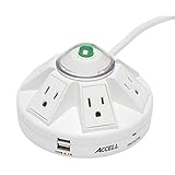 Accell Powramid 6 Outlet Surge Protector with 2x USB Charging Ports, UL Listed, 2.1A USB Output, 6ft Cord, White