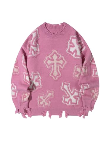 Men's Cross Graphic Oversized Sweater Y2k Raw Hem Vintage Unisex Goth Sweater Crew Neck Knit Pullover Top Streetwear