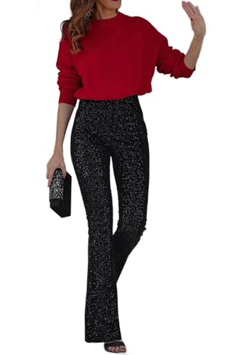 Genérico Pantalones Largos de Fiesta para Mujer elásticos de Talle Alto Ajustados con Lentejuelas Brillantes y Acampanados