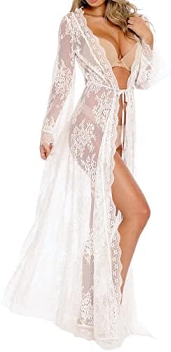 BUTTZO Women Sexy Long Lace Dress Sheer Gown See Through Lingerie Kimono Robe (White, One Size)