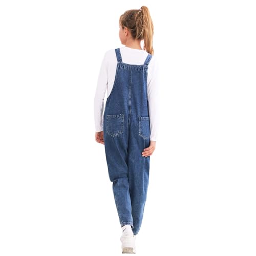 Rolanko Girls Overalls Denim Bib Distressed Jumpsuit Kids Blue Baggy Jean Pants with Pockets (10-12) - image 4
