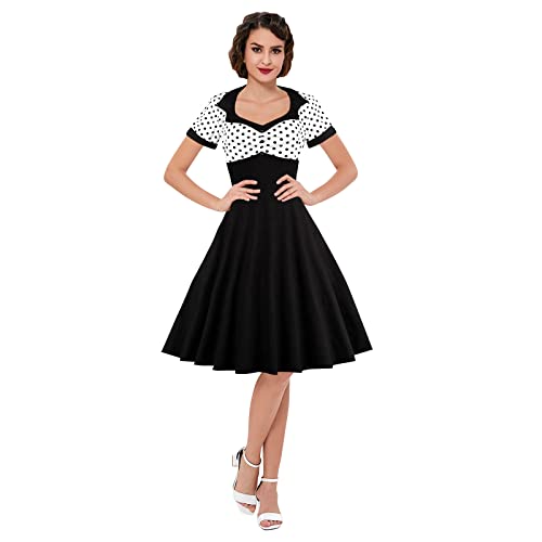 KILLREAL Damen Polka Dot Retro Vintage Style Cocktail Party Swing Kleid, Schwarz-gepunktet, weiß, Klein