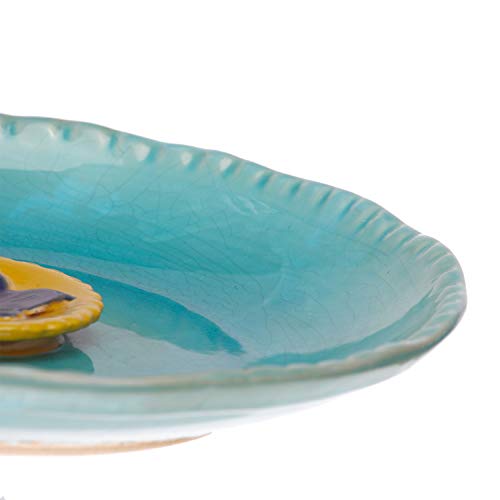 Voltogar Ceramic Bird Bath Bowl Outdoor Decoration For Garden & Patio, Blue Bird Drinker Plate - Yellow Flower, 12.25" #TOP4