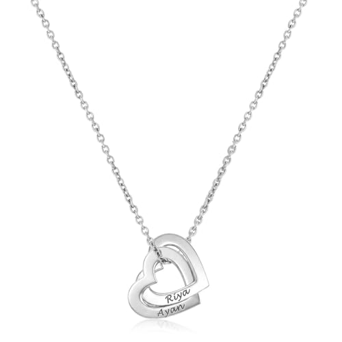 Image of TRUESILVER ACPL 925 Sterling Silver Personalized Name Necklace for Women | Custom Engraved Couple & Family Pendant | Heart Circle & Russian Ring Necklaces | Gift for Anniversary Birthday Wedding