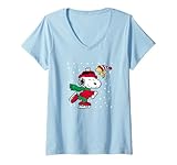 Womens Peanuts - Christmas Snoopy Ice Skating V-Neck T-Shirt