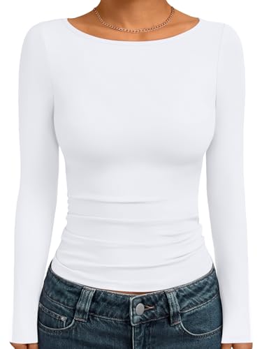 Trendy Queen Women's Boat Neck Tops Long Sleeve Shirts Casual Fitted Tee Shirts Solid Color Fall Basic Clothes 2026 White S
