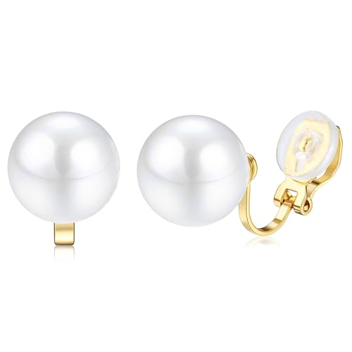 CASSIECA 14K Gold Plated Clip on Pearl Earrings for Women Girls - Long Dangle Pearl Drop Ear Clips for Wedding, Bridal Gifts