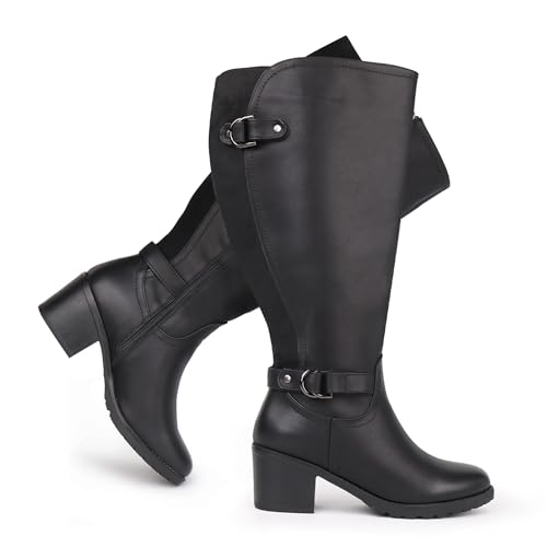 Chicblooms Botas de equitación de caña ancha con tacón alto hasta la rodilla y cremallera lateral...