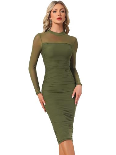 Image of Allegra K Mesh Dress for Women Long Sleeve Mock Neck Ruched Bodycon Dresses | Ruched, Lightweight Stretchy Mesh Sheer, Evening, Cocktail, Party Club