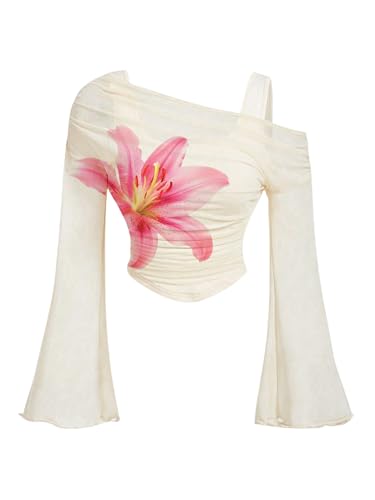 Verdusa Camisetas femininas franzidas com ombro de fora floral ma...