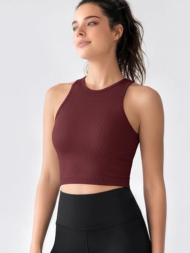 Image of ODODOS 3-Pack Seamless Crop Tank for Women Ribbed Soft High Neck Cropped Tops