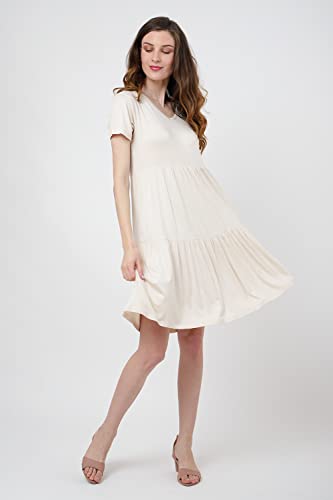 Image of Miss Lavish London Women's V Neck Tiered Summer Dress Casual Short Sleeve Swing T Shirt Mini Dresses