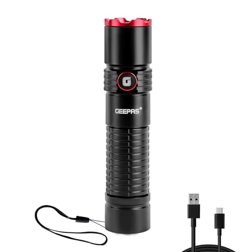 GEEPAS Mini Portable Flashlight | Super Bright Torch 2500 Lumens, 1000M Distance Range | Powerful Pocket Torch, Waterproof IPX5 | Rechargeable Torches for Outdoor Searching, Camping, Hiking (Black)