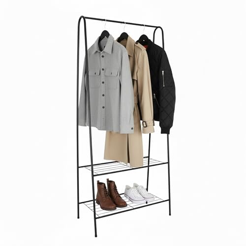 Relaxdays klädställ, 2 gallerhyllor, H x B x D: 151 x 60 x 34,5 cm, metall, smalt klädställ, svart