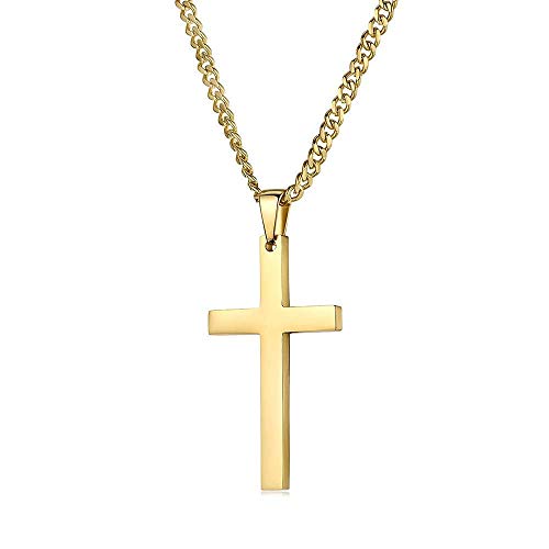 24K Gold Chain Style Cross Pendant Necklace Solid Clasp for Men, Husband, Thin for Charms Miami Cuban Link Diamond Cut