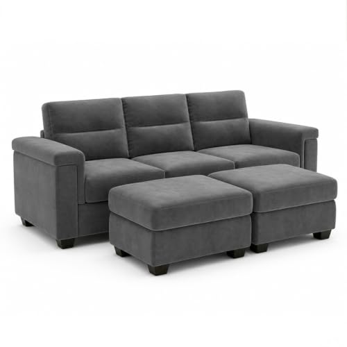 Image of FURNY Parker 3 Seater Sofa Set with 2 Ottomans | Premium Suede Velvet Fabric Finish | Durable Comfort Sofa for Modern Living Room & Office Spaces