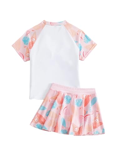 Kids Girls Floral Rash Guard Sets Short Sleeve Swim Shirts with Swimskirts Bathing Suits2