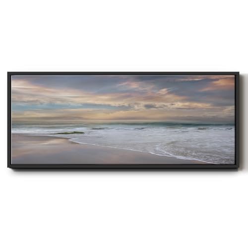 Renditions Gallery Floater Framed Canvas Home Decor Sandy Shores with Ocean Waves Artwork Painting and Prints for Bedroom Office Kitchen Lobby - 12"x30" Black Frame LT617